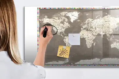 Pizarra magnética de pared diseño de mapa del mundo en color marrón con rotulador incluido