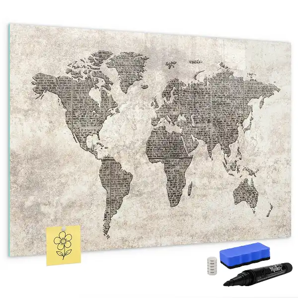 Mapa del mundo de periódico pizarra borrable de cristal con imanes