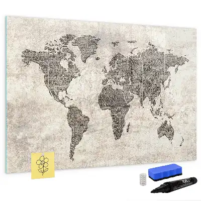 Mapa del mundo de periódico pizarra borrable de cristal con imanes