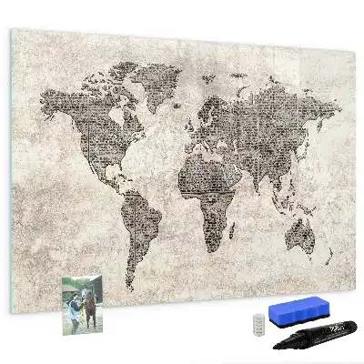 Mapa del mundo de periódico pizarra borrable de cristal con imanes