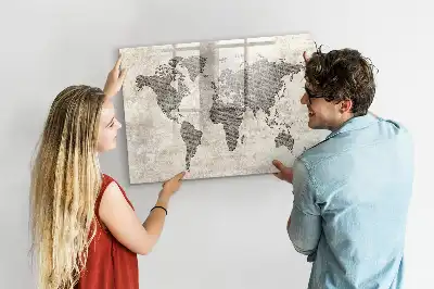 Mapa del mundo de periódico pizarra borrable de cristal con imanes
