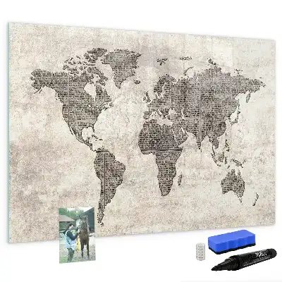 Mapa del mundo de periódico pizarra borrable de cristal con imanes