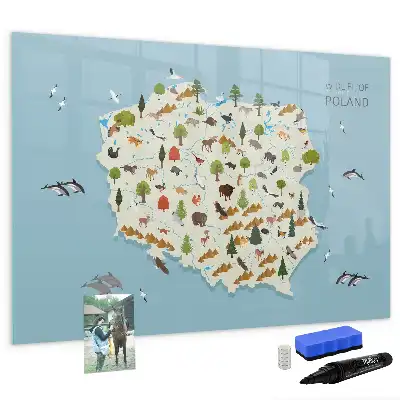 Pizarra magnética de pared con rotulador mapa de los animales de Polonia