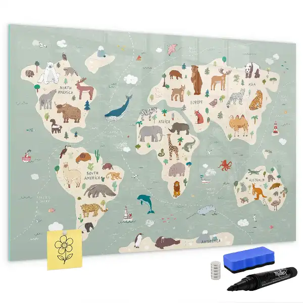 Pizarra magnética de pared con rotulador diseño de mapa del mundo con animales