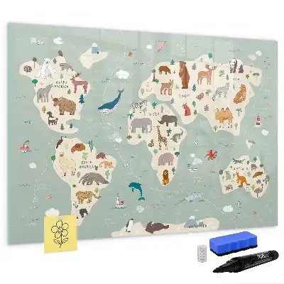 Pizarra magnética de pared con rotulador diseño de mapa del mundo con animales
