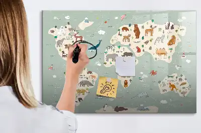 Pizarra magnética de pared con rotulador diseño de mapa del mundo con animales