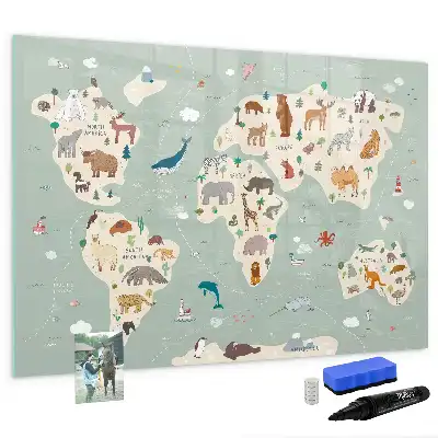 Pizarra magnética de pared con rotulador diseño de mapa del mundo con animales