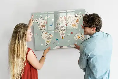 Pizarra magnética de pared con rotulador diseño de mapa del mundo con animales