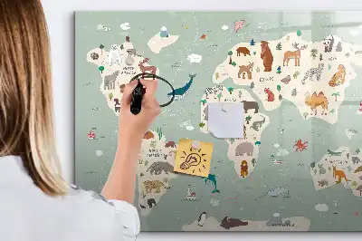 Pizarra magnética de pared con rotulador diseño de mapa del mundo con animales
