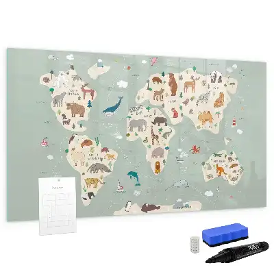 Pizarra magnética de pared con rotulador diseño de mapa del mundo con animales