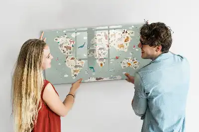 Pizarra magnética de pared con rotulador diseño de mapa del mundo con animales