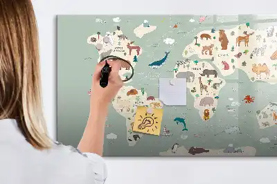 Pizarra magnética de pared con rotulador diseño de mapa del mundo con animales