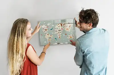 Pizarra magnética de pared con rotulador diseño de mapa del mundo con animales