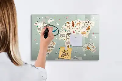 Pizarra magnética de pared con rotulador diseño de mapa del mundo con animales