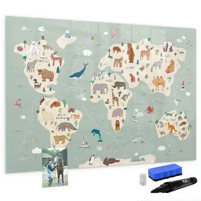 Pizarra magnética de pared con rotulador diseño de mapa del mundo con animales