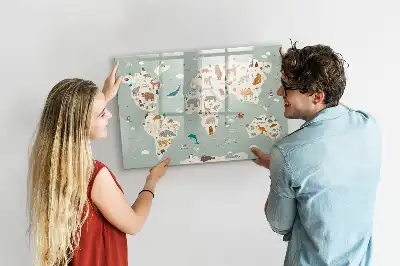 Pizarra magnética de pared con rotulador diseño de mapa del mundo con animales
