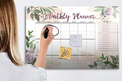 Pizarra magnética de pared diseño de planificador con rosas y rotulador incluido
