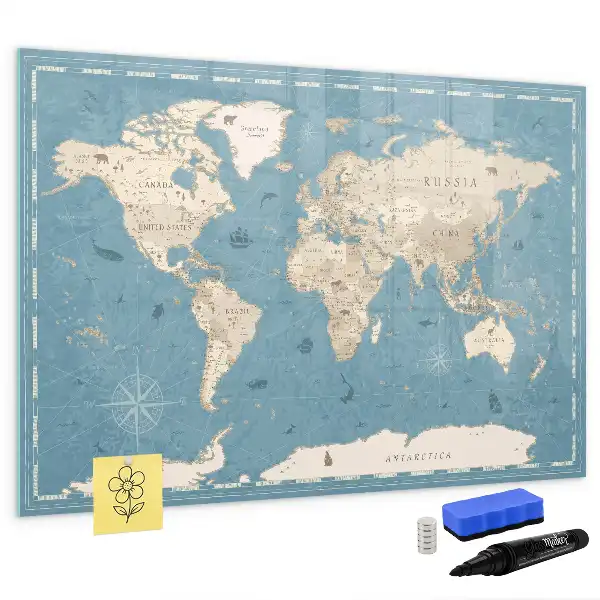 Pizarra de cristal magnética diseño con mapa del mundo vintage
