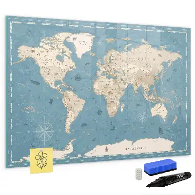 Pizarra de cristal magnética diseño con mapa del mundo vintage