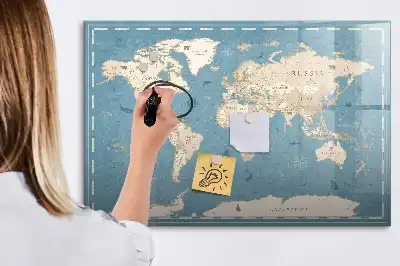 Pizarra de cristal magnética diseño con mapa del mundo vintage