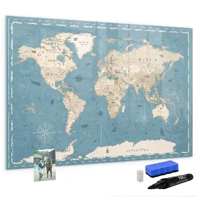 Pizarra de cristal magnética diseño con mapa del mundo vintage