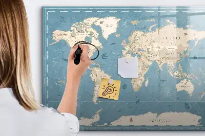 Pizarra de cristal magnética diseño con mapa del mundo vintage