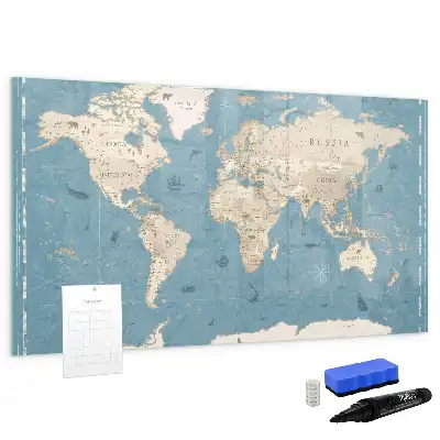 Pizarra de cristal magnética diseño con mapa del mundo vintage