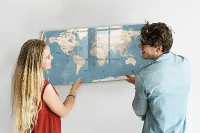 Pizarra de cristal magnética diseño con mapa del mundo vintage