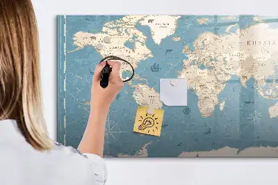Pizarra de cristal magnética diseño con mapa del mundo vintage