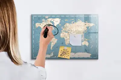 Pizarra de cristal magnética diseño con mapa del mundo vintage
