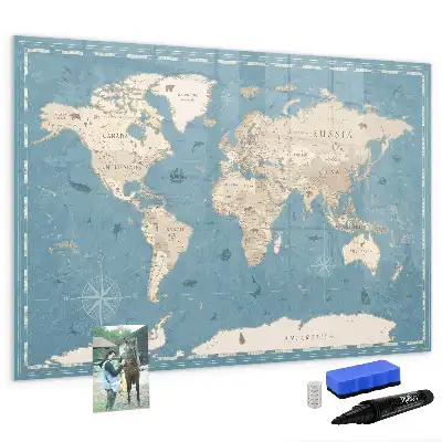 Pizarra de cristal magnética diseño con mapa del mundo vintage
