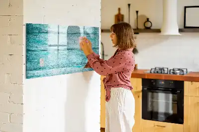Pizarra magnética de pared con rotulador de madera con acabado en azul envejecido
