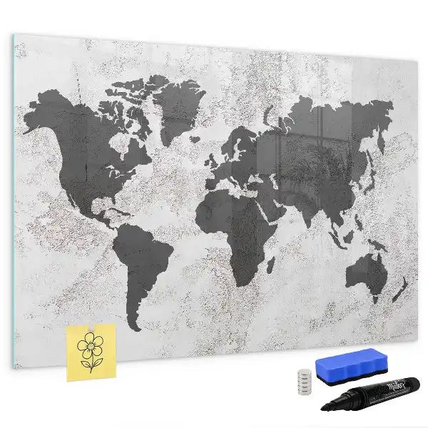 Pizarra magnética de pared diseño de mapa del mundo sobre hormigón con rotulador incluido