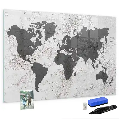 Pizarra magnética de pared diseño de mapa del mundo sobre hormigón con rotulador incluido