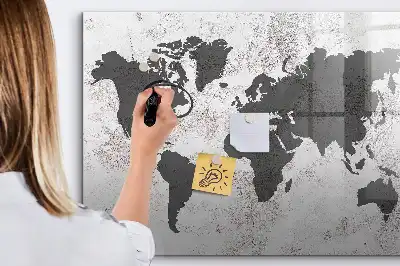 Pizarra magnética de pared diseño de mapa del mundo sobre hormigón con rotulador incluido