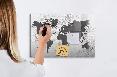 Pizarra magnética de pared diseño de mapa del mundo sobre hormigón con rotulador incluido