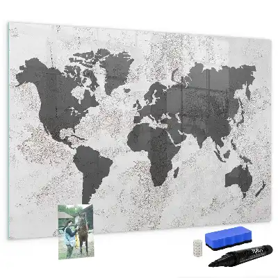 Pizarra magnética de pared diseño de mapa del mundo sobre hormigón con rotulador incluido