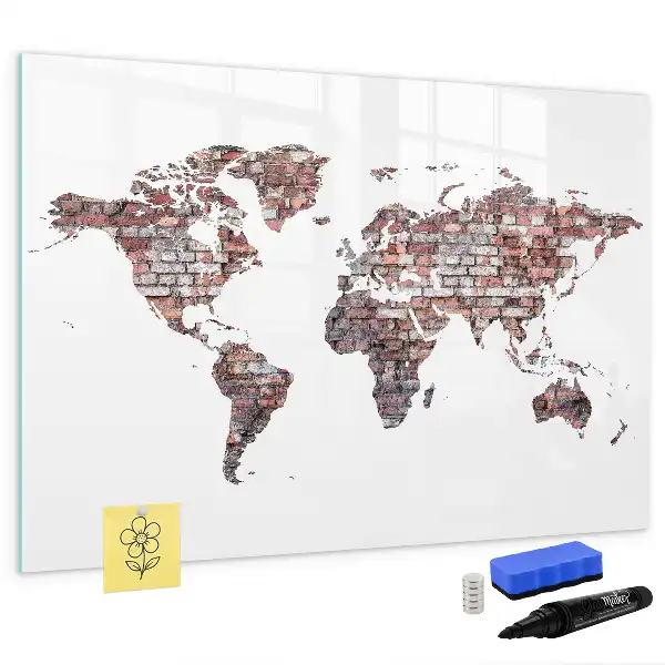 Mapa del mundo magnético de pared con rotulador y diseño de ladrillos
