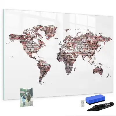 Mapa del mundo magnético de pared con rotulador y diseño de ladrillos