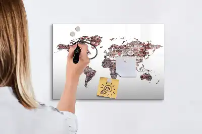 Mapa del mundo magnético de pared con rotulador y diseño de ladrillos
