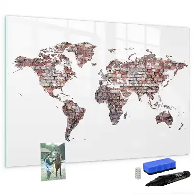 Mapa del mundo magnético de pared con rotulador y diseño de ladrillos