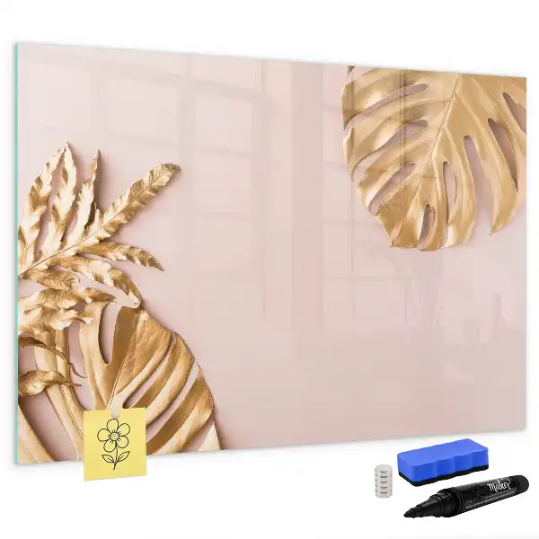 Pizarra magnética de pared con rotulador diseño de hojas tropicales doradas