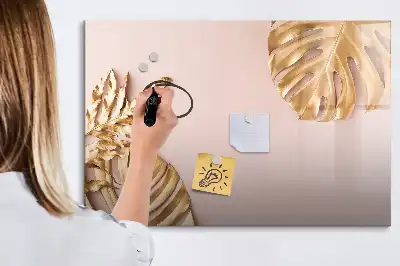 Pizarra magnética de pared con rotulador diseño de hojas tropicales doradas