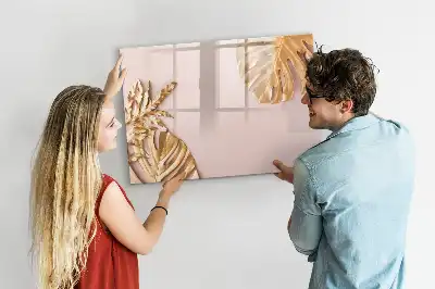 Pizarra magnética de pared con rotulador diseño de hojas tropicales doradas