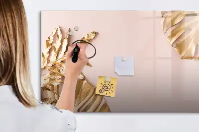 Pizarra magnética de pared con rotulador diseño de hojas tropicales doradas