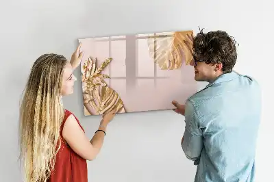 Pizarra magnética de pared con rotulador diseño de hojas tropicales doradas