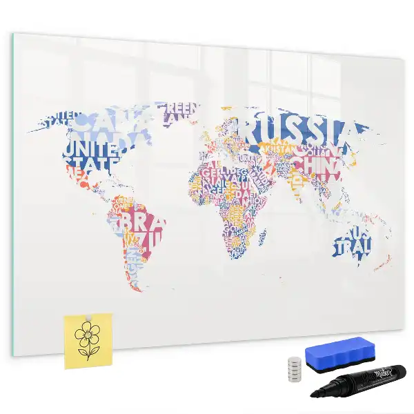 Pizarra de cristal magnética borrable diseño de mapa del mundo