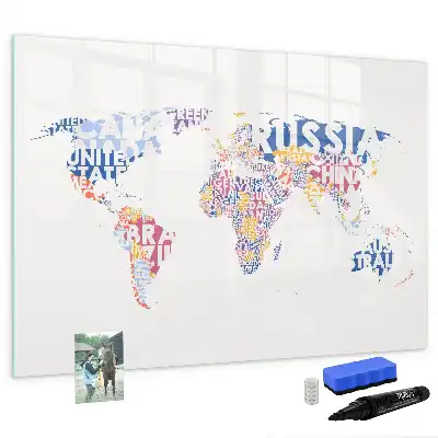 Pizarra de cristal magnética borrable diseño de mapa del mundo