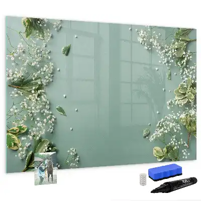 Pizarra borrable de cristal con imanes diseño de flores delicadas