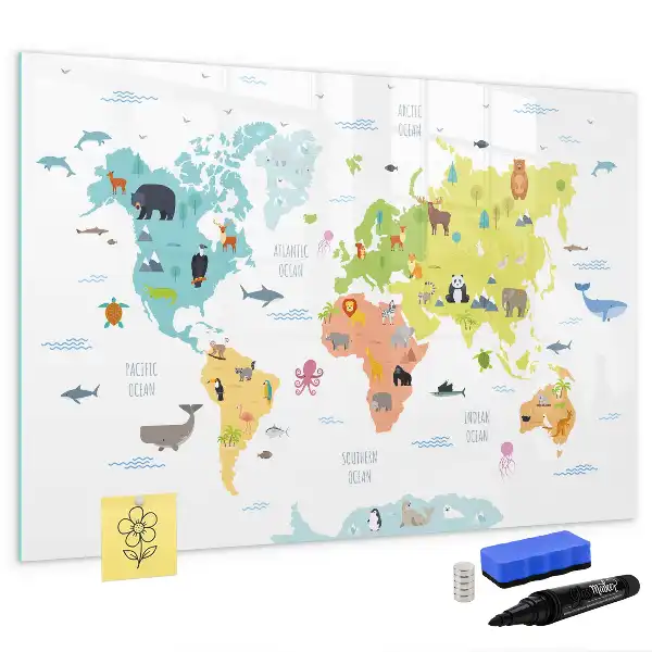 Pizarra de cristal borrable con imanes con diseño de mapa del mundo con animales